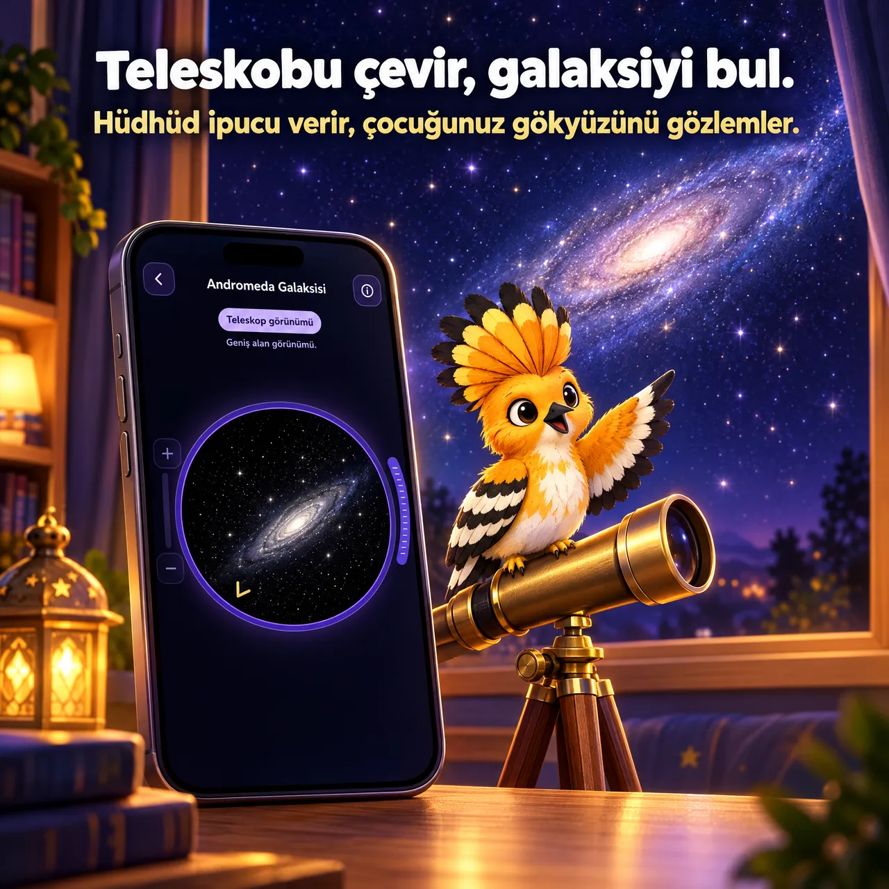 Gece penceresinin önünde teleskop üstünde duran hüdhüd maskotu ve ekranında Andromeda Galaksisi teleskop görünümü olan bir telefon. Görselde “Teleskobu çevir, galaksiyi bul.” yazıyor