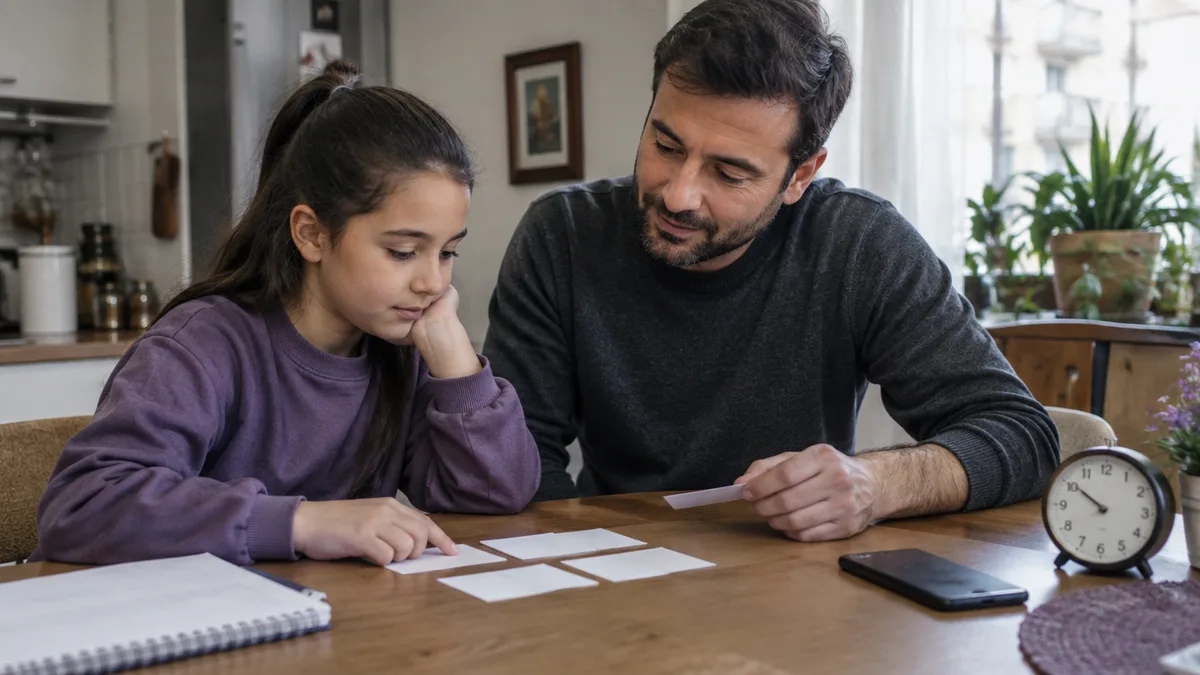 Baba ve çocuk, masadaki plan kartlarına bakıyor; yanlarında telefon, saat ve defter bulunuyor.