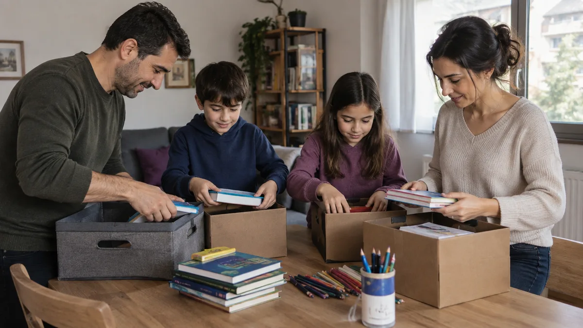 Anne, baba ve iki çocuk masadaki kitap ve kalemleri kutulara yerleştiriyor.