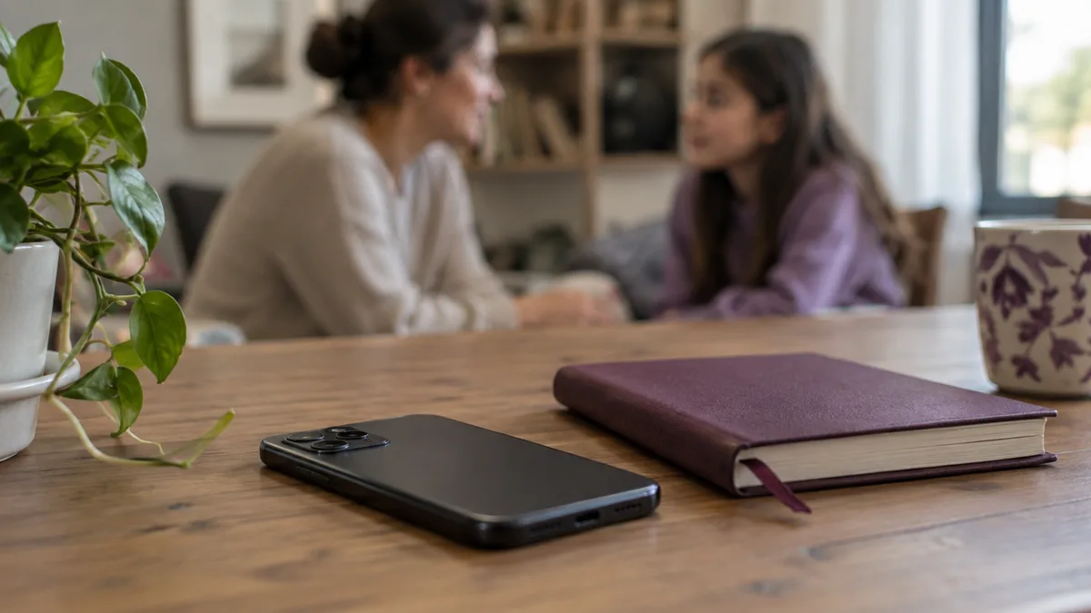 Masada yüzüstü duran telefon ve kapalı defterin arkasında anne ile çocuk konuşuyor.