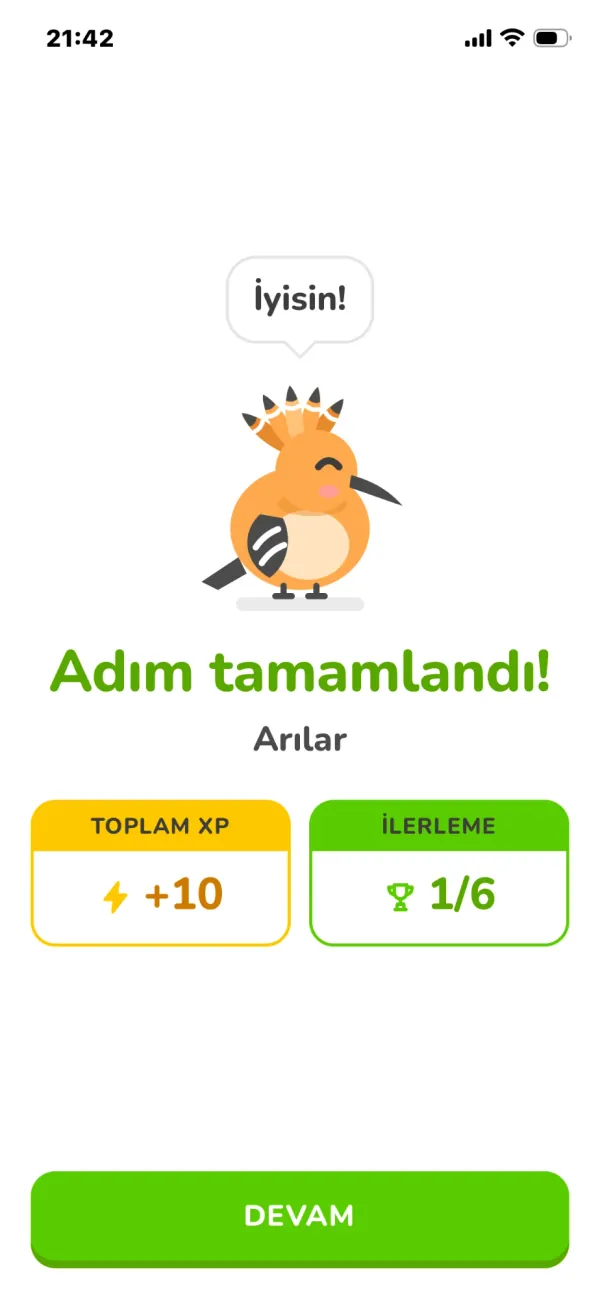 Adım tamamlandı ekranı: hüdhüd iyisin diyor, 10 XP kazanıldı ve ilerleme altıda bir