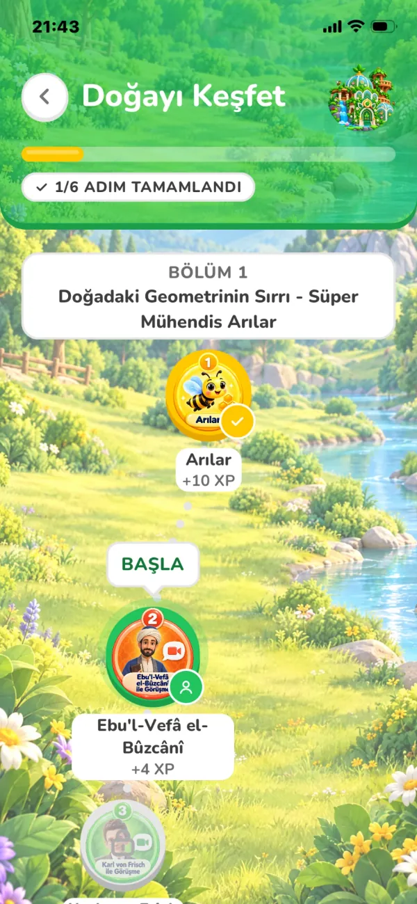 Keşif yolu ekranı: Doğayı Keşfet dünyasında birinci bölümün altı adımından biri tamamlanmış