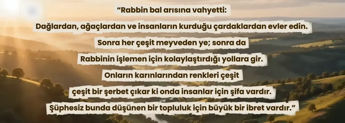 Uygulamadaki ayet ekranı: Nahl suresi 68 ve 69. ayetlerin meali, gün batımında yeşil tepeler üzerinde
